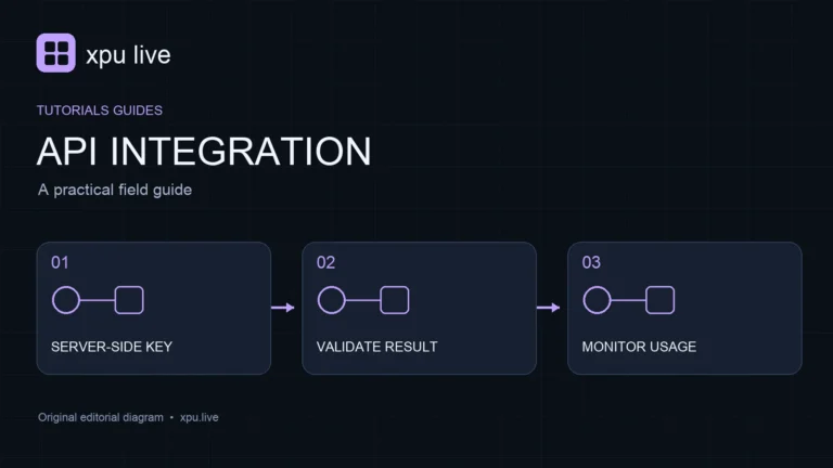 Api integration guide diagram: server-side key, validate result, monitor usage