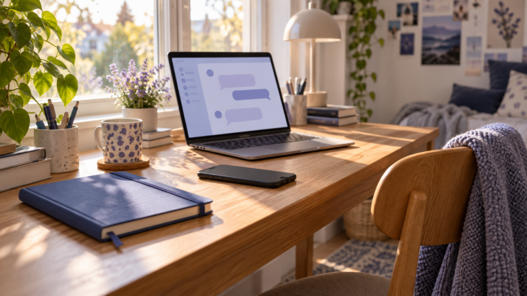 Quiet homework-desk illustration for ChatGPT for Teens safety