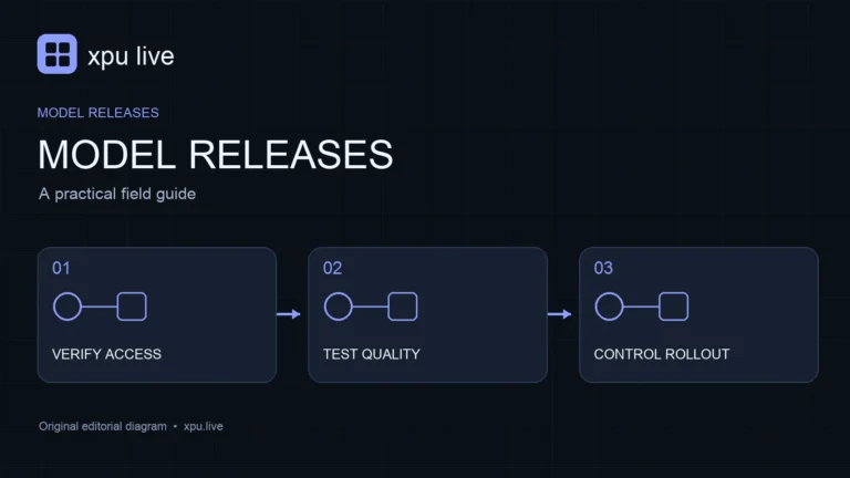 Model releases guide diagram: verify access, test quality, control rollout
