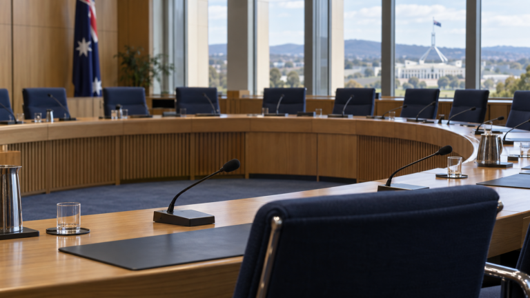 Committee-room illustration for coverage of the OpenAI Australia hearing